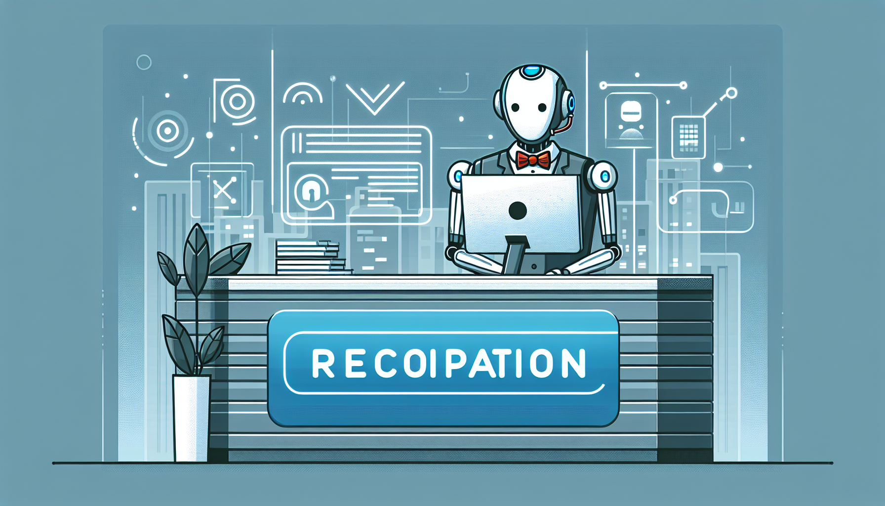 Illustration of an AI receptionist in a corporate setting