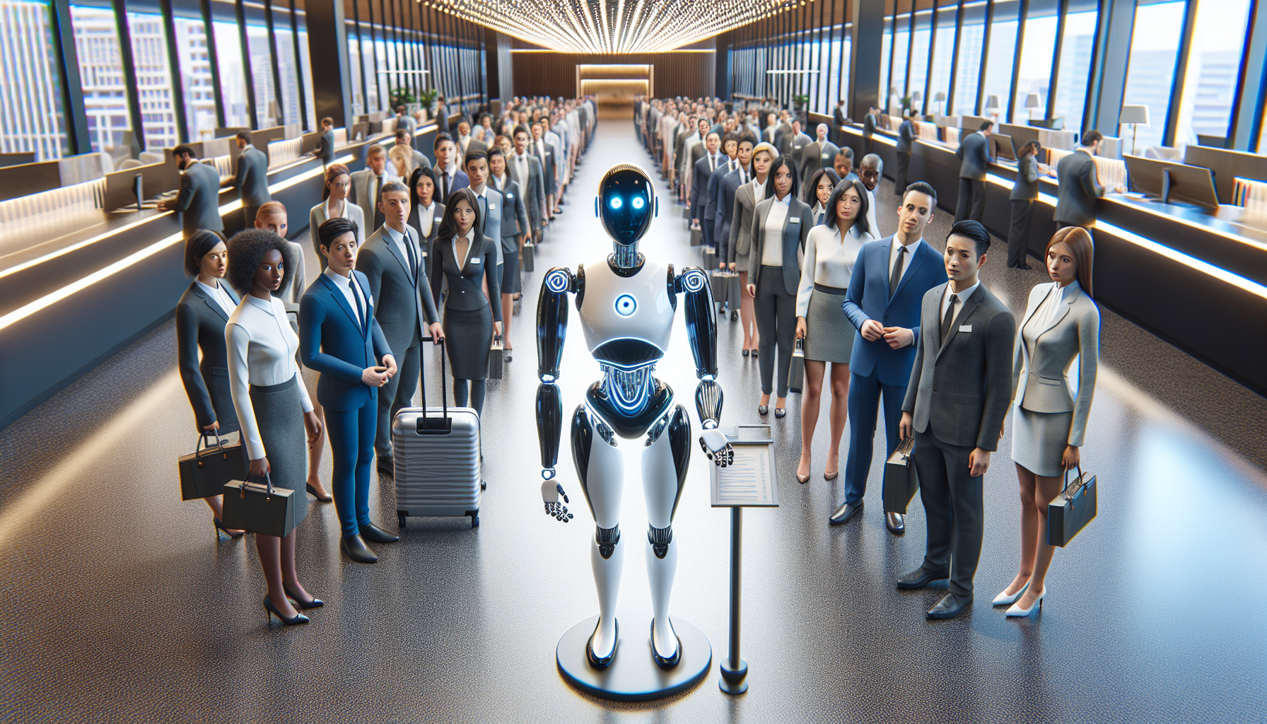 An AI receptionist attending to guests in a hotel lobby