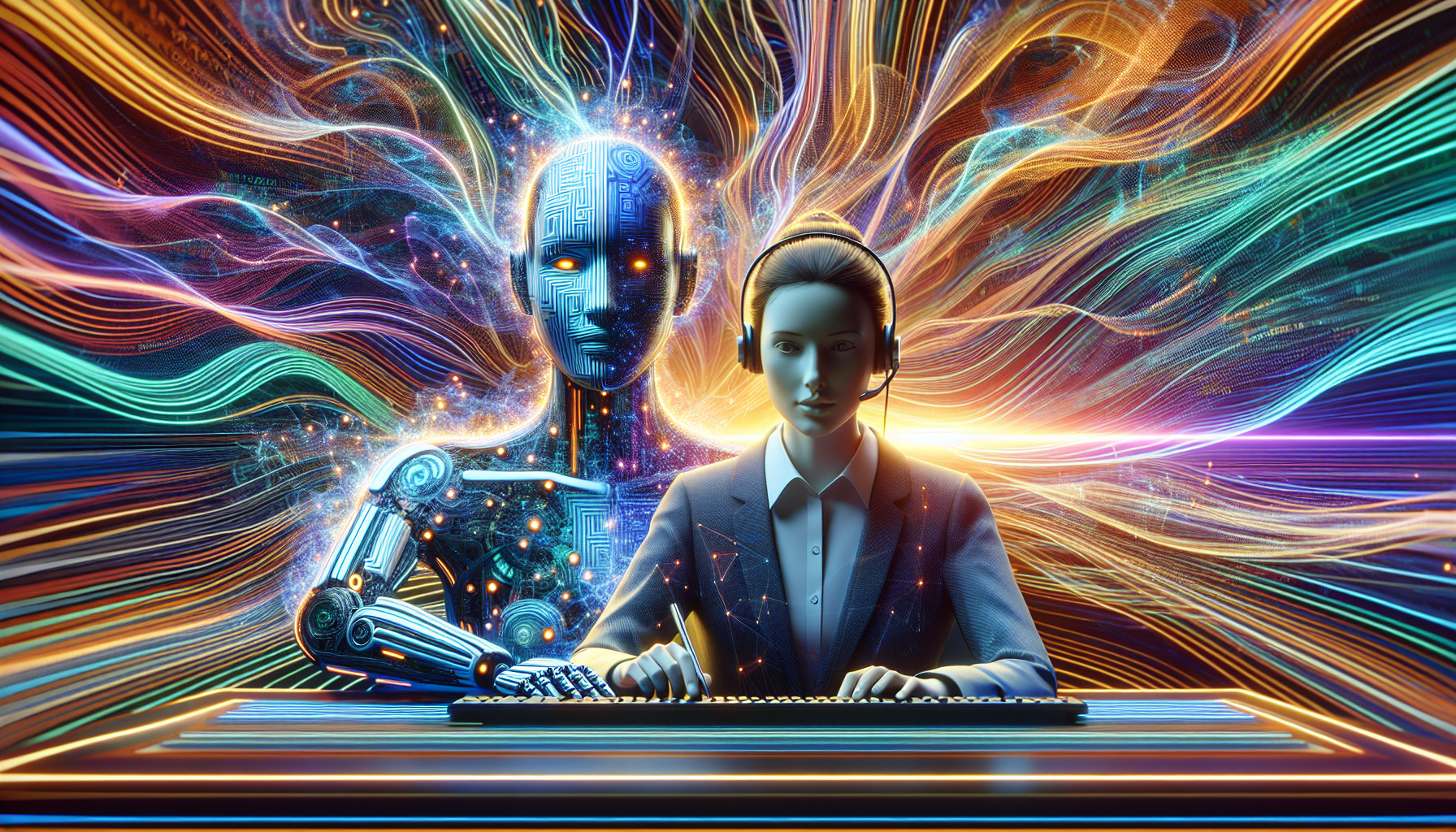 An AI receptionist avatar against a backdrop of streams of code, representing the technology that drives it