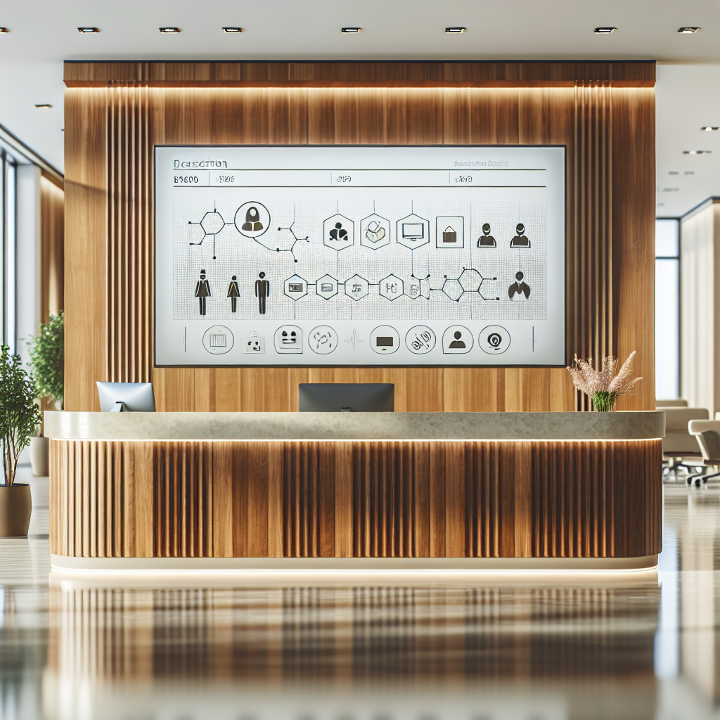 Image of a reception desk with a virtual receptionist interface displayed on a screen.