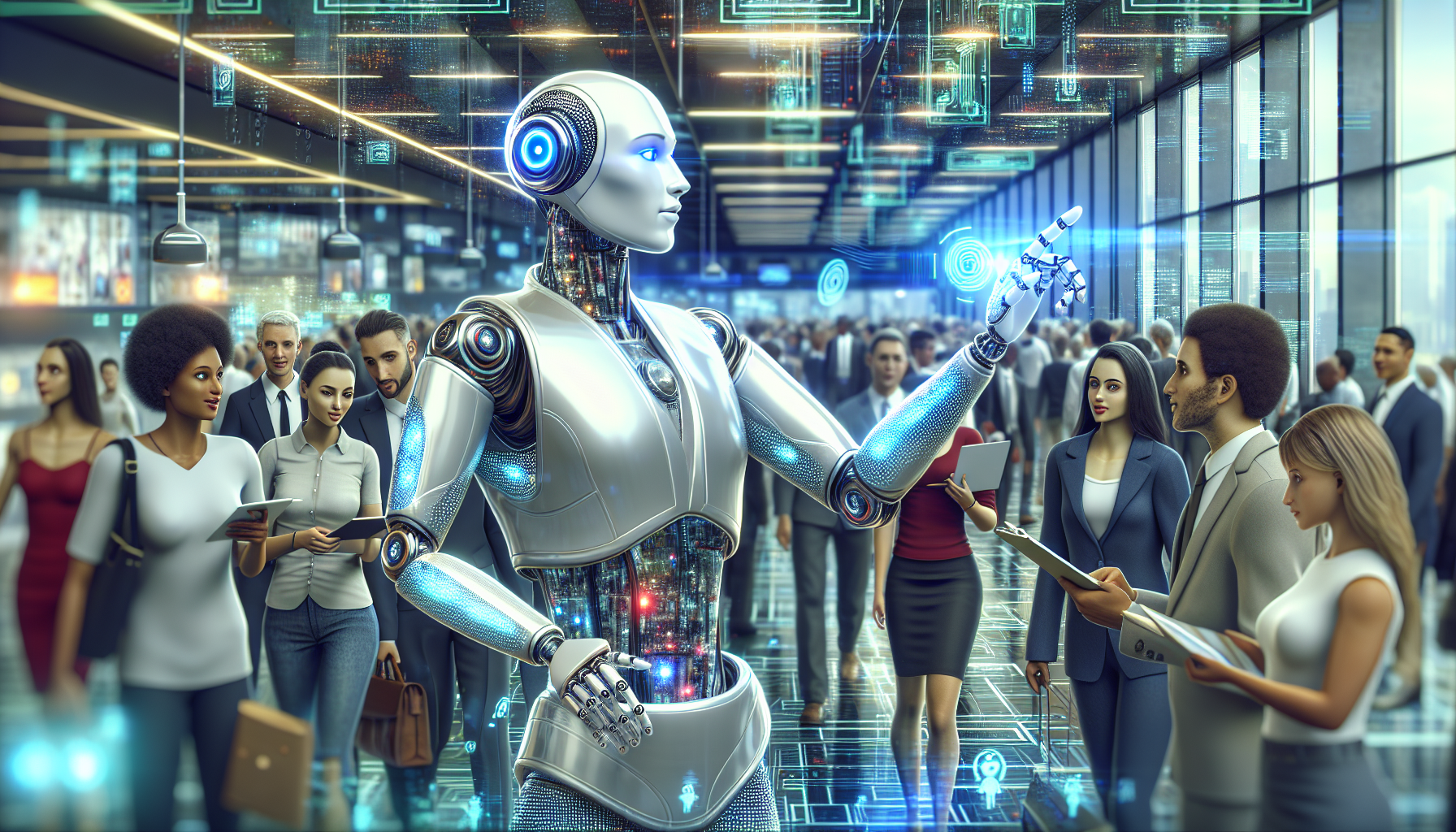 A digital illustration depicting an AI receptionist interacting with customers