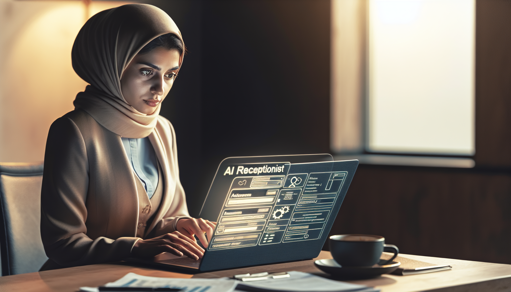 A small business owner looking at AI receptionist options on his laptop