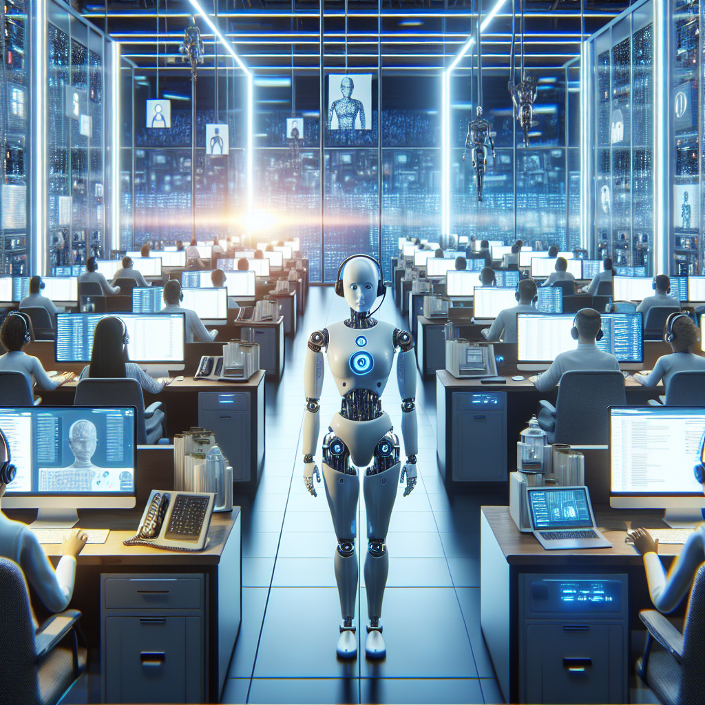 An illustrated image showcasing artificial intelligence in a call centre setting