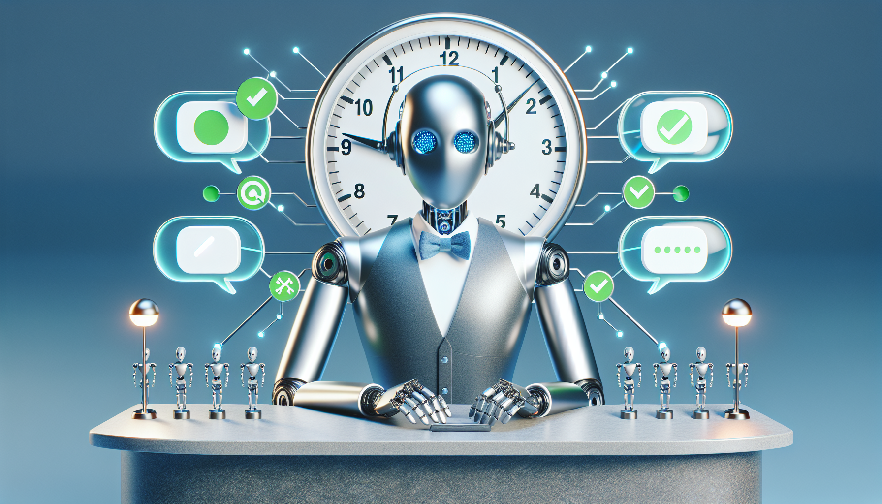 An AI receptionist in action, with captions highlighting key features such as 24/7 availability, real-time responses, and consistency in customer service.
