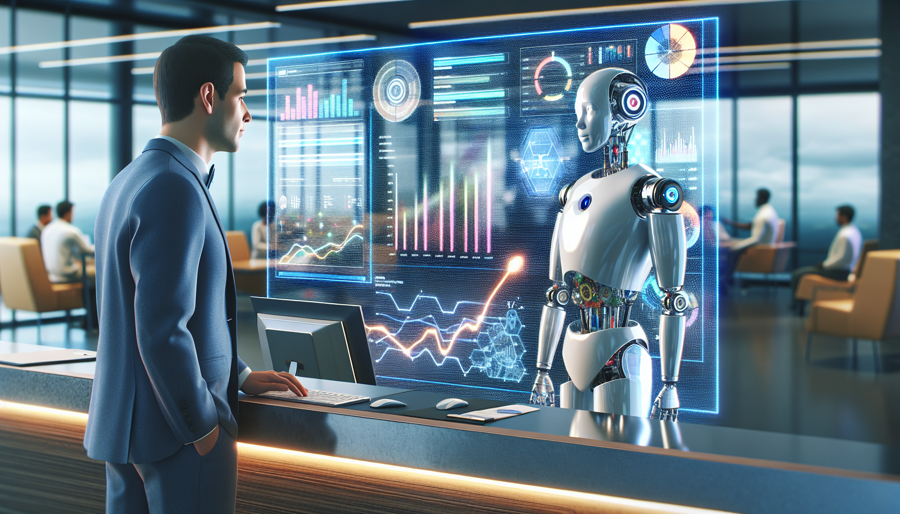 An AI receptionist interacting with a customer and displaying real-time data analysis.