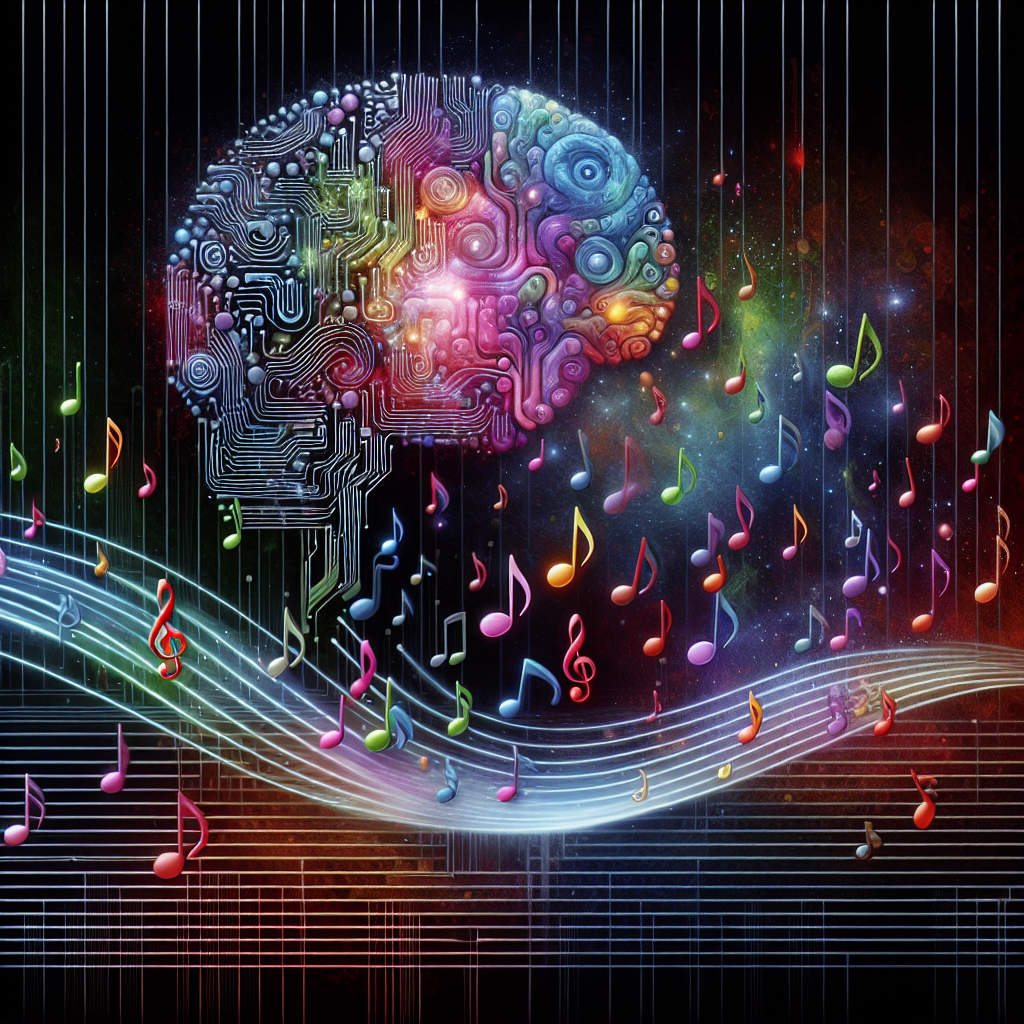 An abstract representation of AI merging with musical notes, symbolizing the personalization of hold music