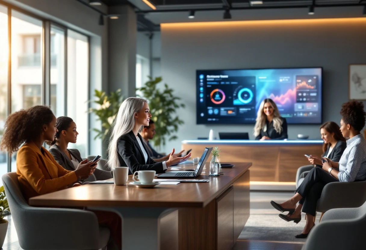 A vibrant office environment showcasing an AI receptionist assisting diverse clients through digital means.