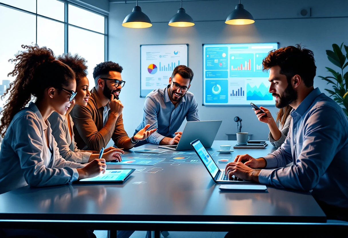 Illustration of a business team using AI tools for lead management
