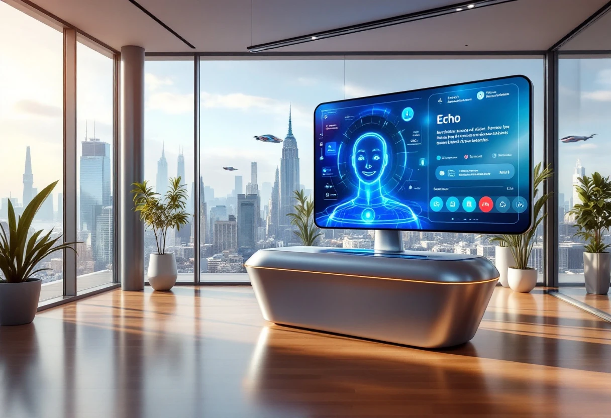 A vibrant graphic illustrating a modern office space with a sleek AI receptionist interface on a screen, showcasing seamless call handling and scheduling features.