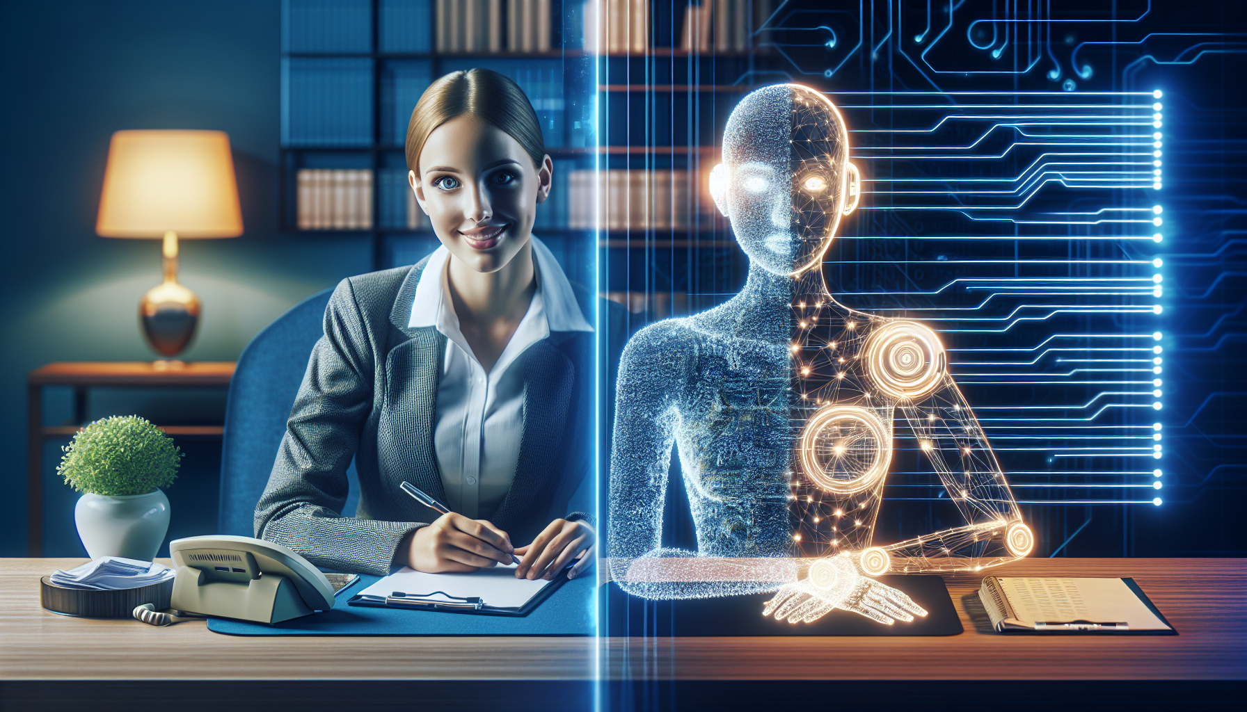 A split screen image showing a traditional receptionist on one side and an AI receptionist on the other