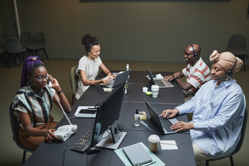 A dynamic illustration showing a business professional engaging with clients through various digital channels, emphasizing the integration of technology in customer service.