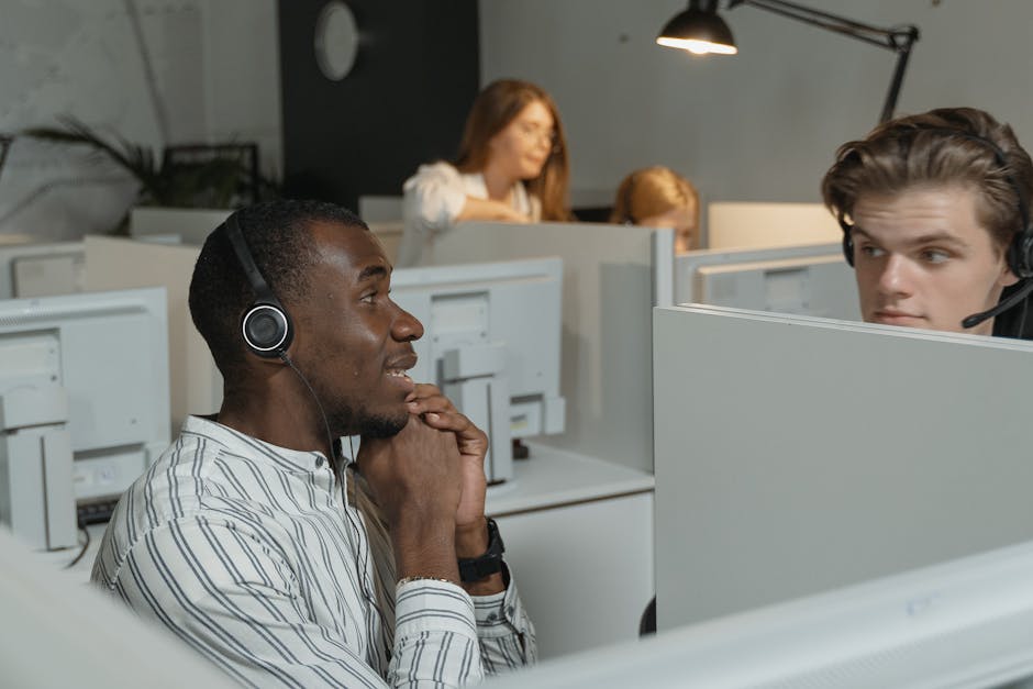 A vibrant illustration showcasing a diverse customer service team engaging with clients over their devices, symbolizing efficiency and connectivity in virtual call routing.