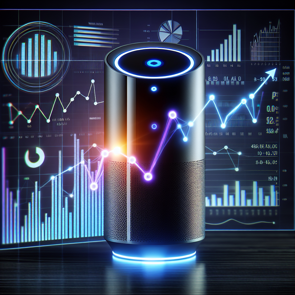 An assistant device responding to voice commands with graphical indicators of financial data trending upwards to represent growth and progress in the financial technology sector.