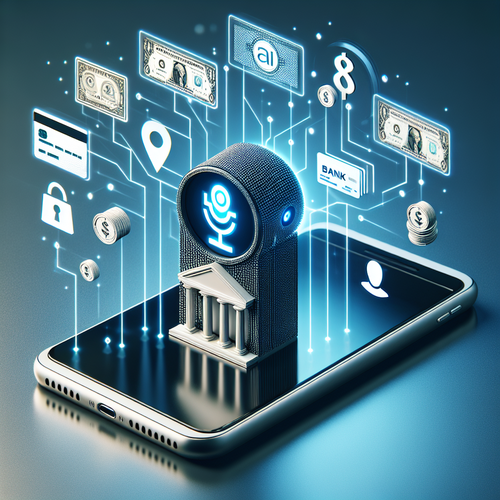 Image depicting AI voice-assistant on mobile screen invoking banking services.