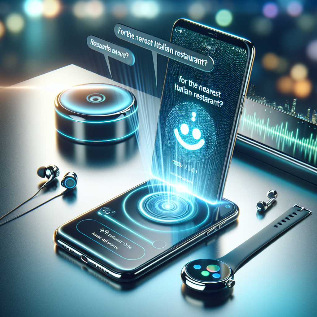 An image illustrating a voice-activated AI assistant integrated into a smartphone, assisting users with requests