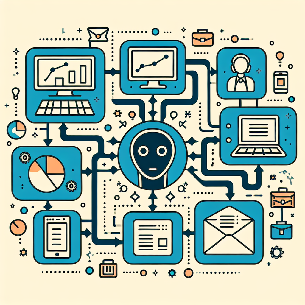 An illustration showing a flowchart of AI assistant integrating with various business tools