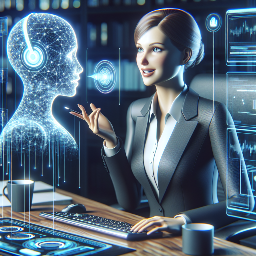 An image showcasing a voice-activated AI assistant interacting with a business executive