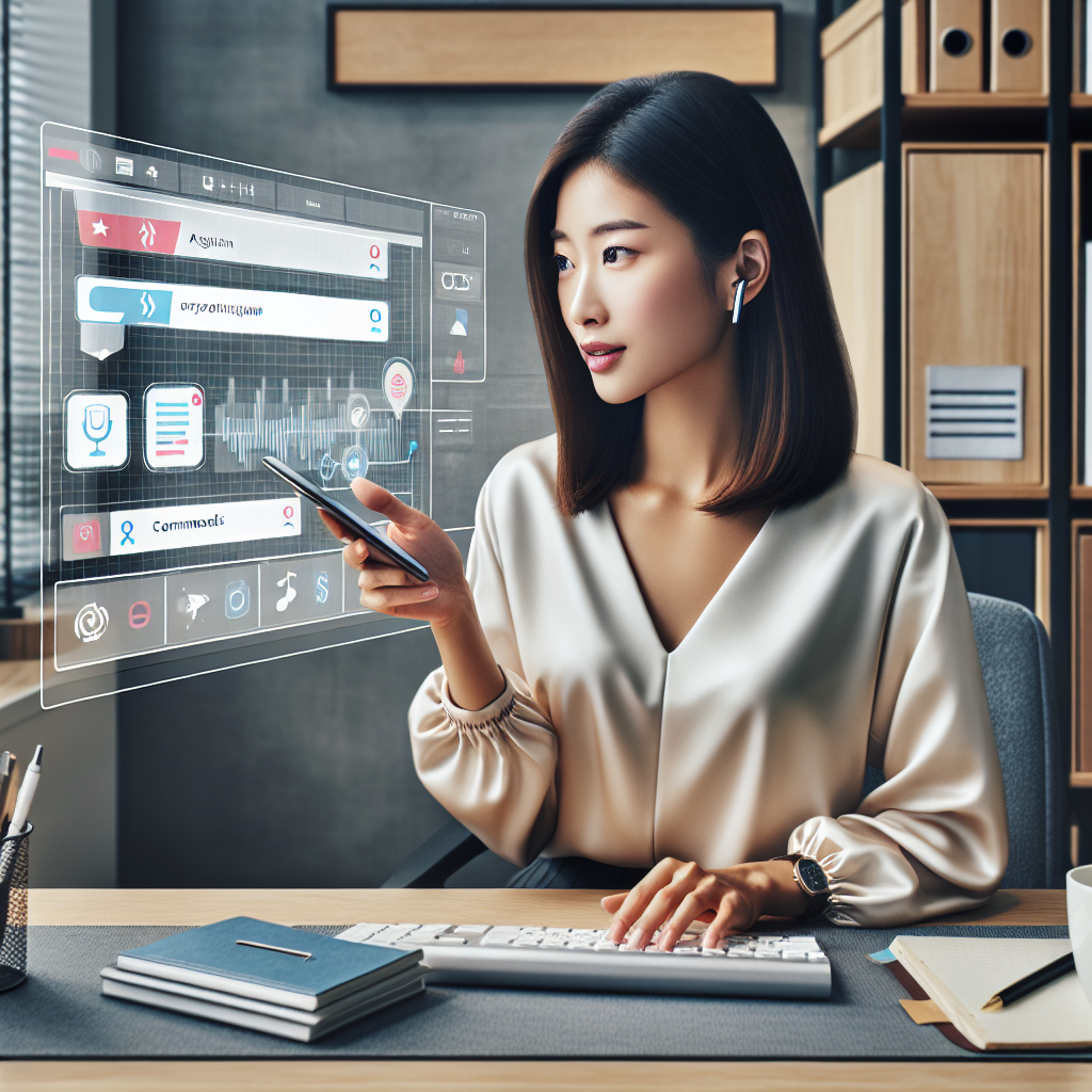 An image showing an office worker using voice-activated scheduling on a smart device
