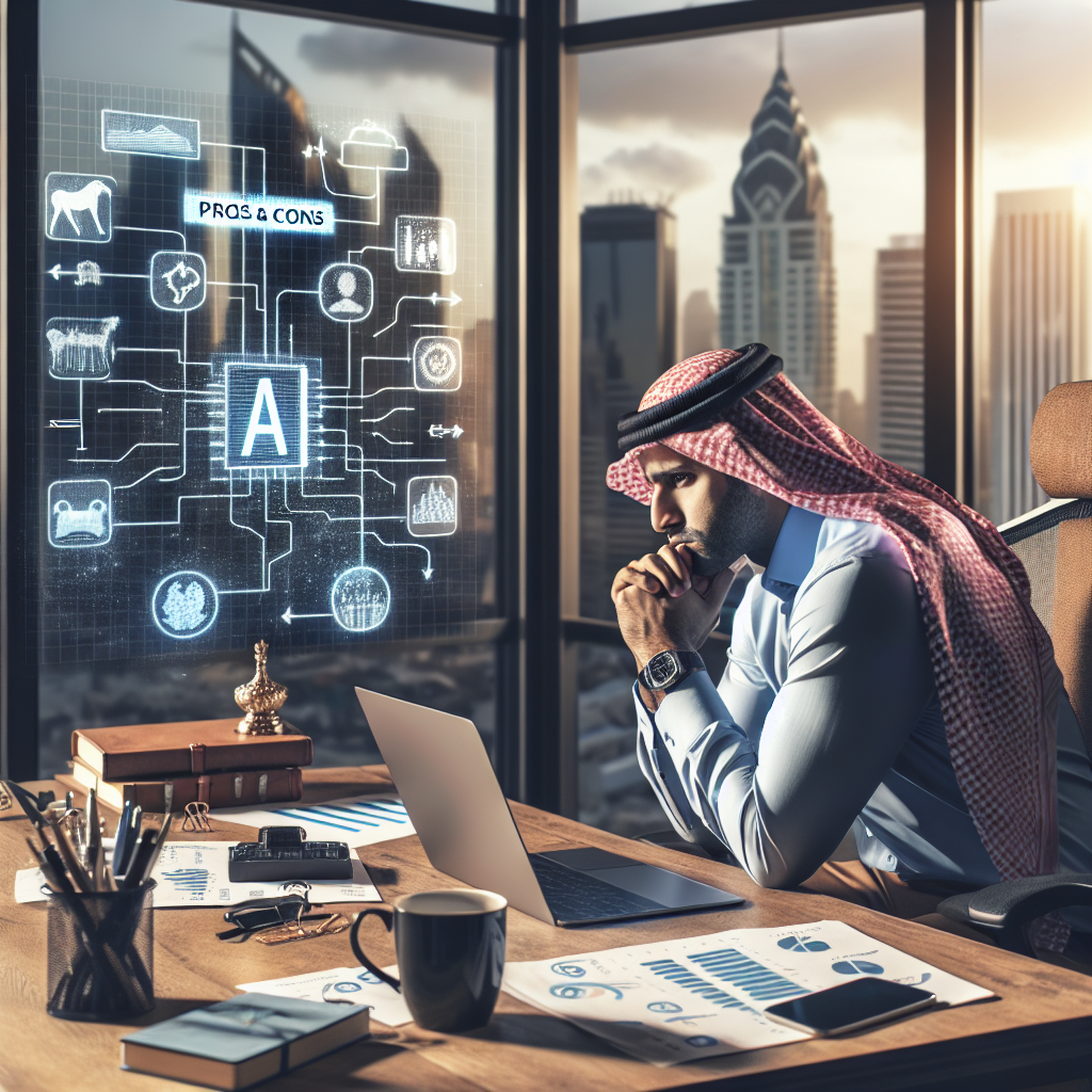 An image depicting a business owner considering the pros and cons of integrating AI into customer service processes