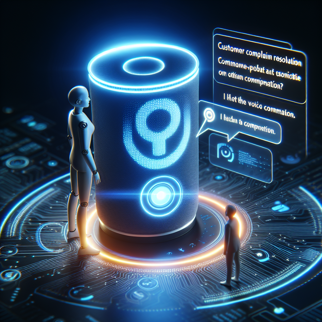 A digital assistant device such as 'Google Home' or 'Amazon Echo' illuminating as voice commands are made. The image can depict the dialogue between the human and the voice-activated AI, highlighting the effortless customer complaint resolution process.