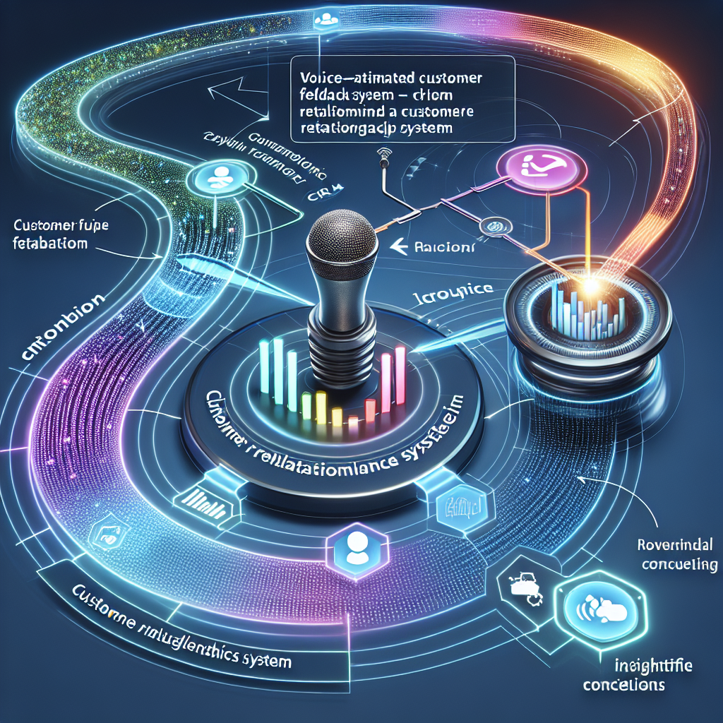 A graphic illustration showing a voice-activated customer feedback system integrating with a CRM and data analytics tool