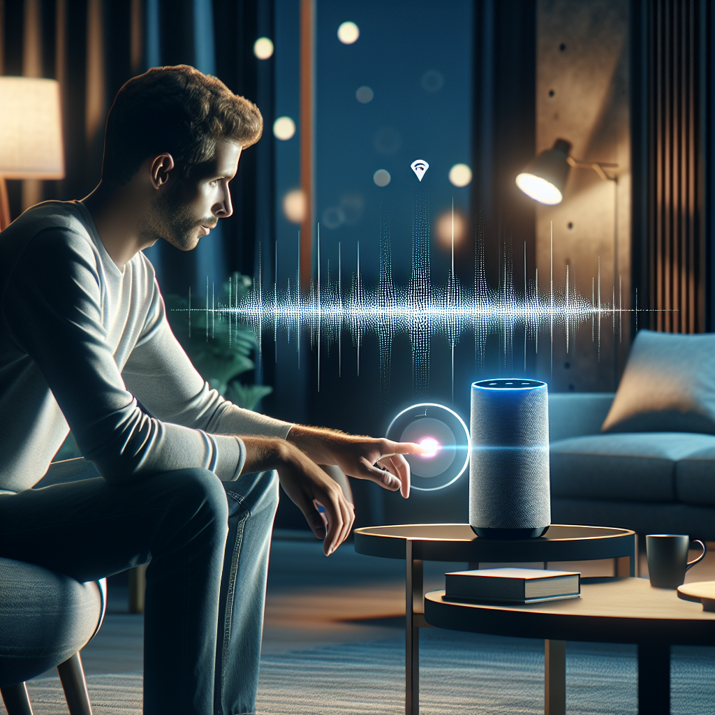 An image showing a user interacting with a voice-activated feedback system, possibly a smart speaker or smartphone