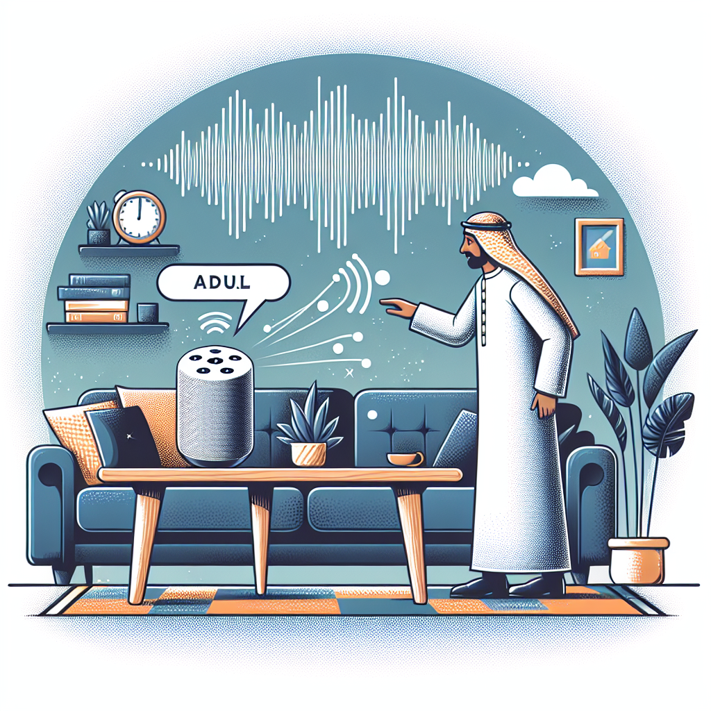 An illustrated graphic depicting a person interacting with a voice-activated device, like a smart speaker, to set up an account