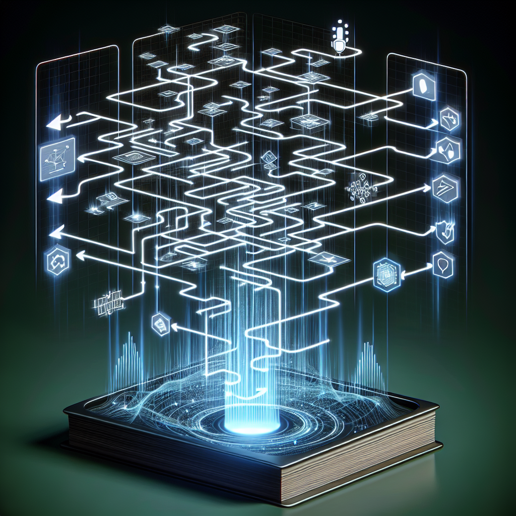 An illustrative image showing a complex flow chart streamlined and simplified by a voice-activated system