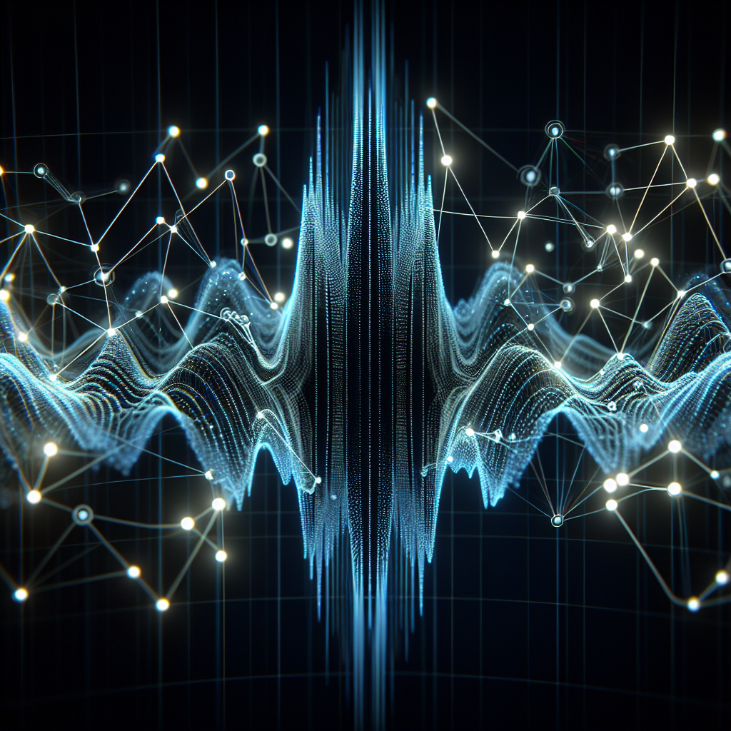 A visual of a sound wave with digital nodes, representing voice recognition
