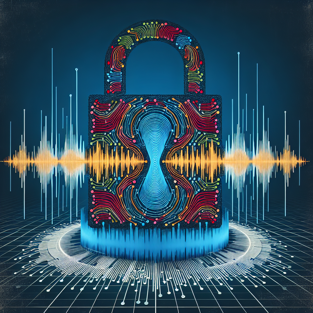 A symbolic image of a sound wave pattern representing voice-activated technology overlayed with a padlock, signifying security concerns.
