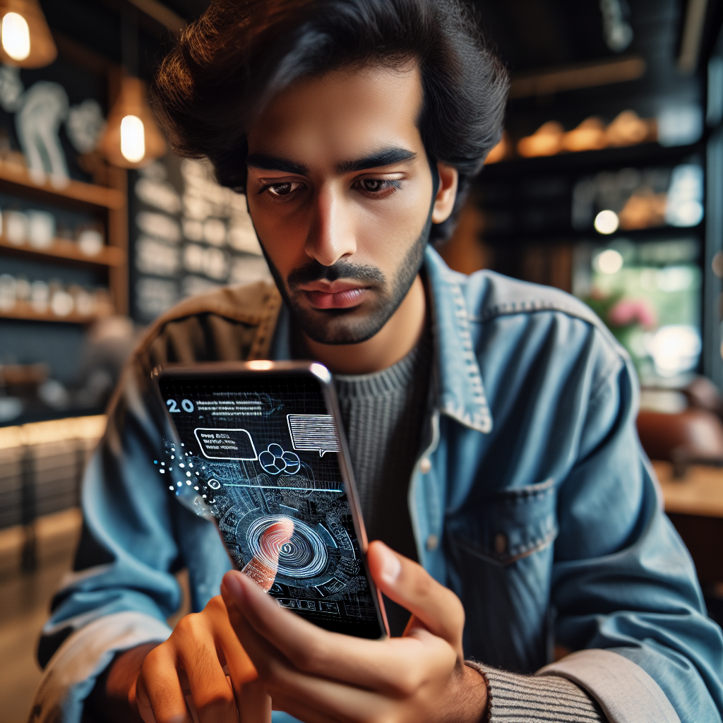 A customer using voice-activated dispute resolution software on a mobile device
