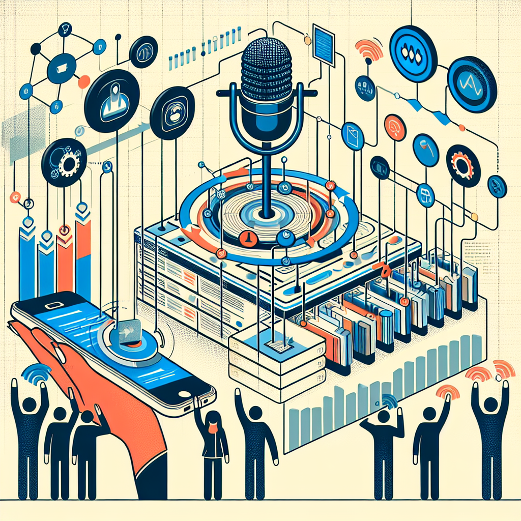 A graphic representation of a CRM system integrating with voice-activated dispute resolution.
