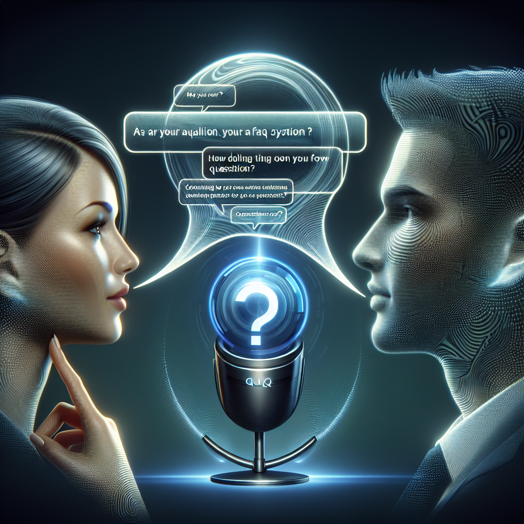 A graphic showing a voice-activated FAQ system at work, perhaps with speech bubbles indicating questions being asked and responses given.