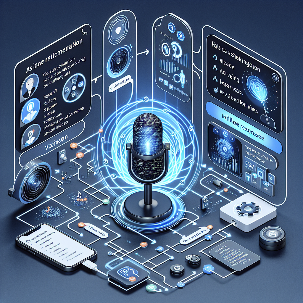 An infographic or illustration visually representing voice-activated FAQ systems implementation in business