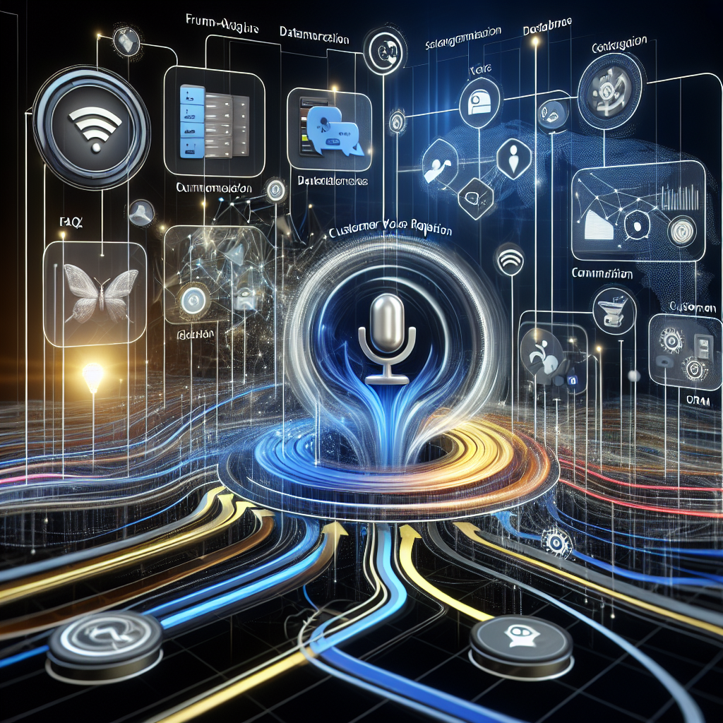 A conceptual image displaying the integration of voice-activated FAQ system with CRM, databases, and other customer interaction tools.