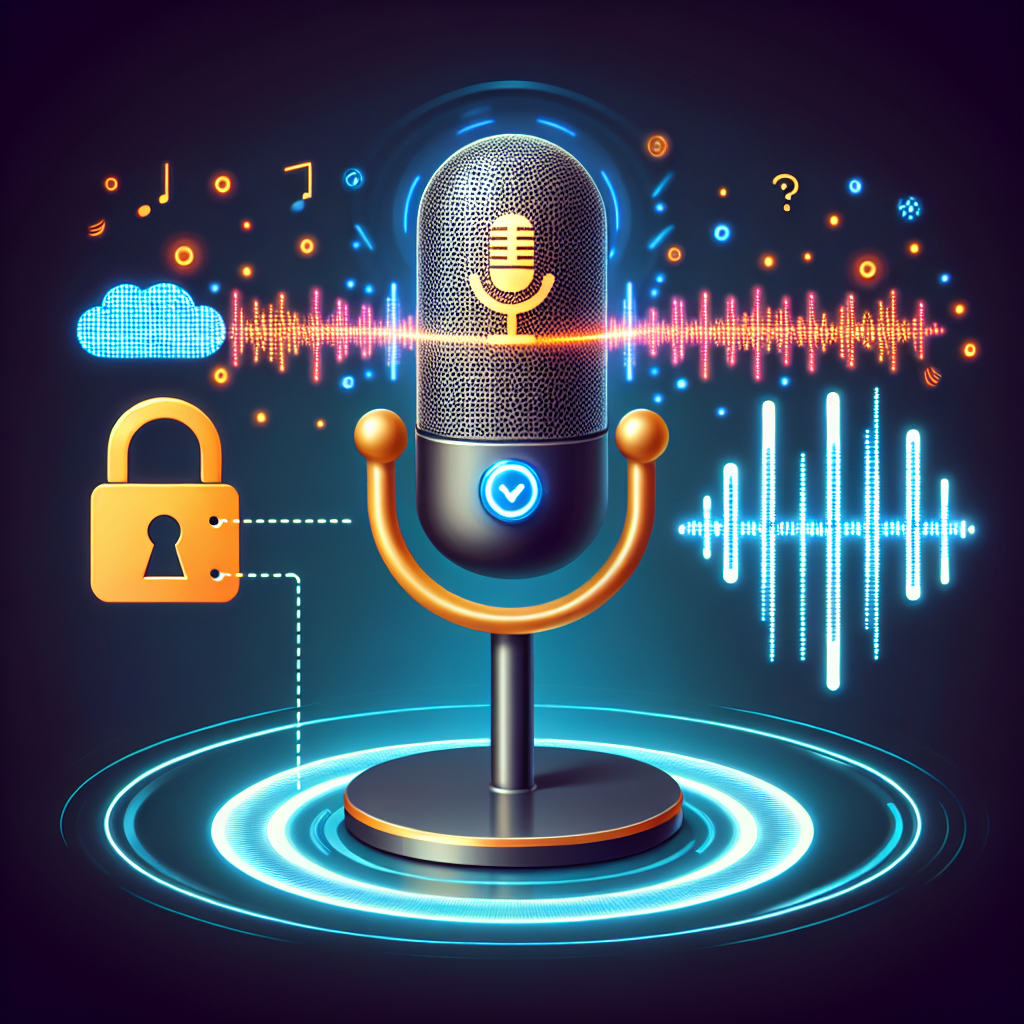 An image representing the concept of privacy concerns with voice-activated FAQ systems, such as a symbol of a microphone with a lock on it or a voice assistant device surrounded by lines indicating sound waves that are visibly penetrating an icon representing a privacy shield.