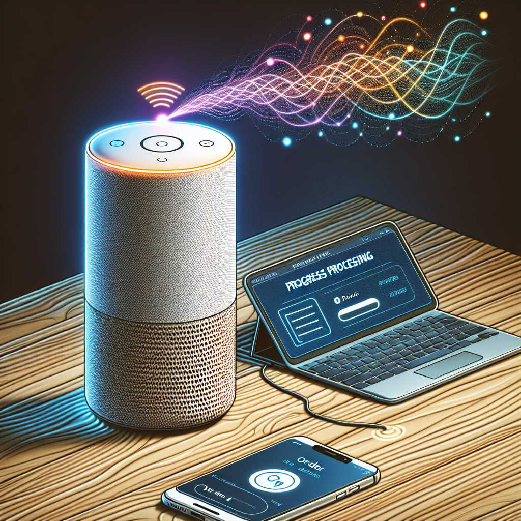 An illustration of a voice-activated device processing a phone order