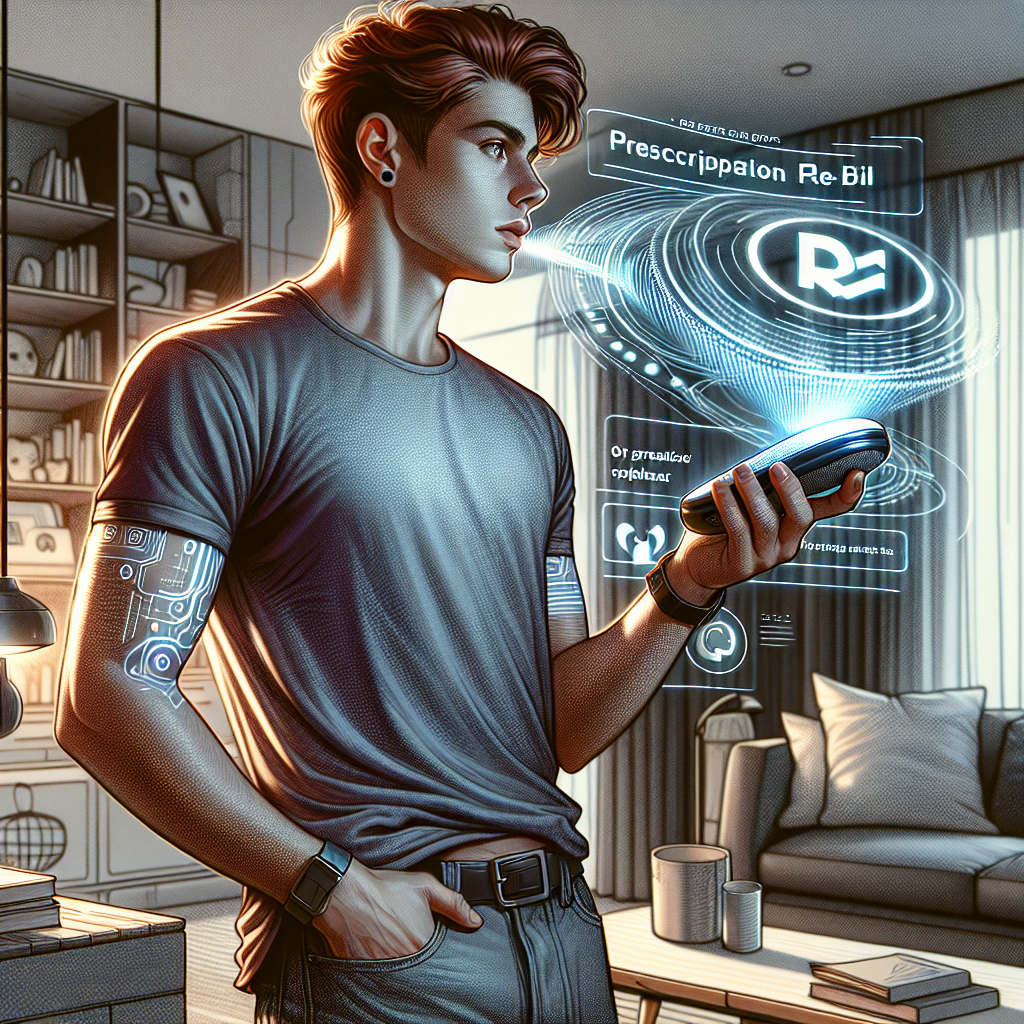 An illustration showing a person commanding a voice-activated device for prescription refill