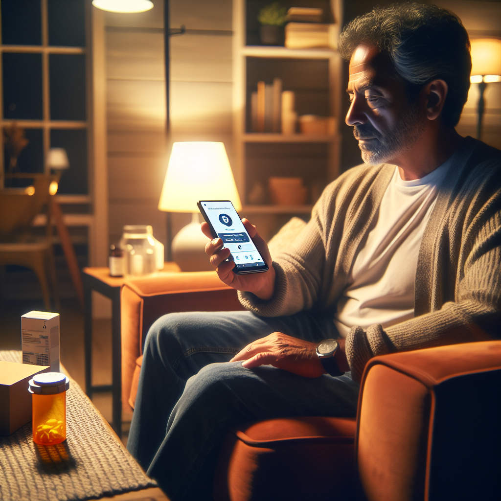 An image showing a person interacting with a voice-activated prescription refill system through a smart device