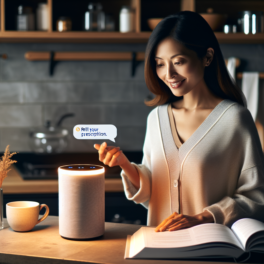 An image demonstrating a person using a voice-activated device such as Alexa or Siri to refill their prescription.