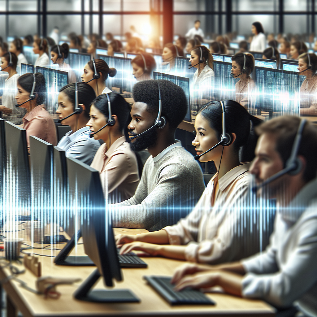 A busy call center with employees wearing headsets talking to customers, with digitally enhanced images of sound waves representing voice-activated technology.