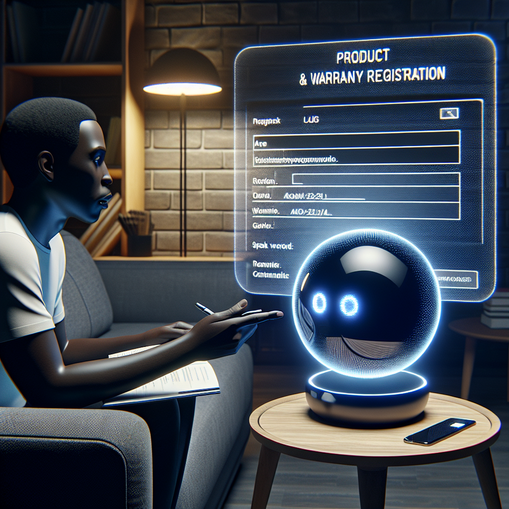 An image illustrating a customer registering their product warranty using voice-activated technology.