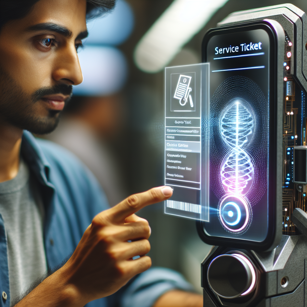 An image illustrating a person talking to a smart device, which is creating a service ticket on a screen.