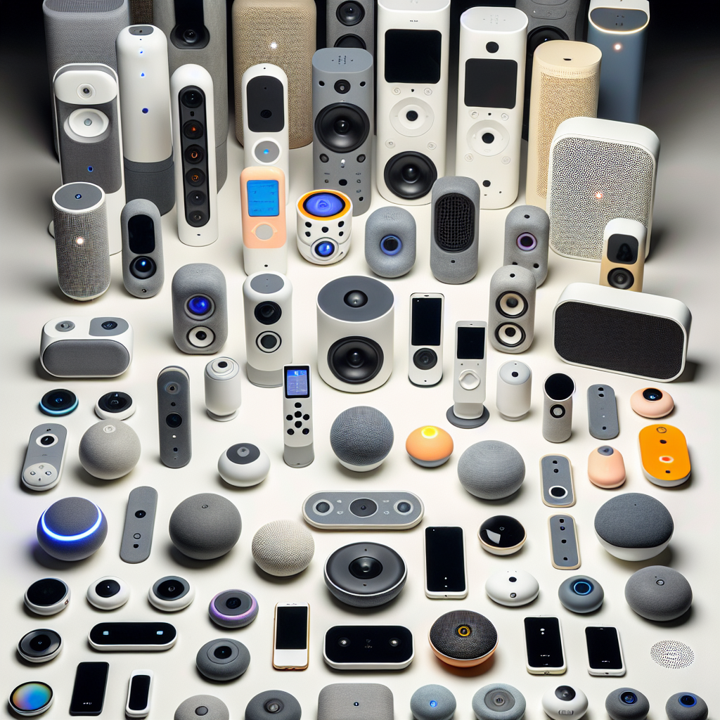 An assortment of voice-enabled devices, showcasing a variety of shapes, sizes, and functionalities.