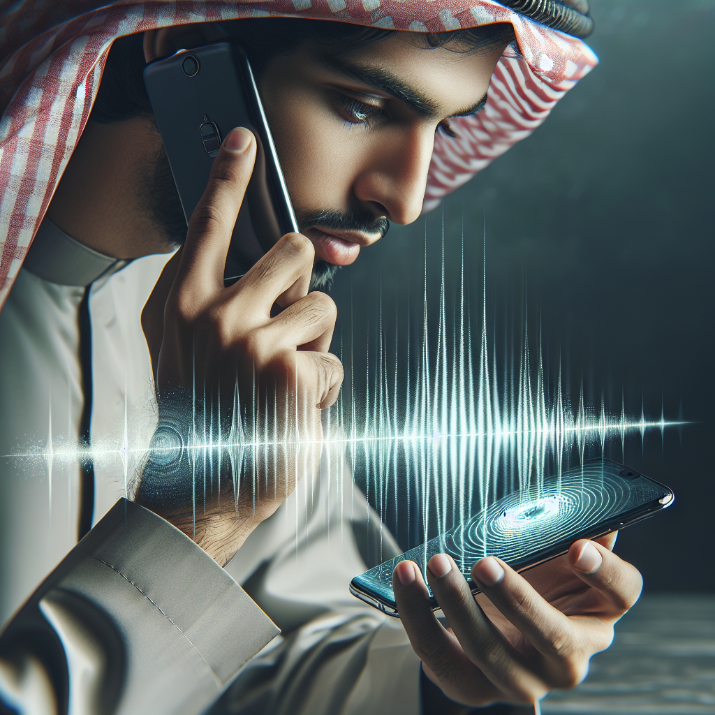 A man speaking into his phone, with graphical representations of voice waves coming from the device