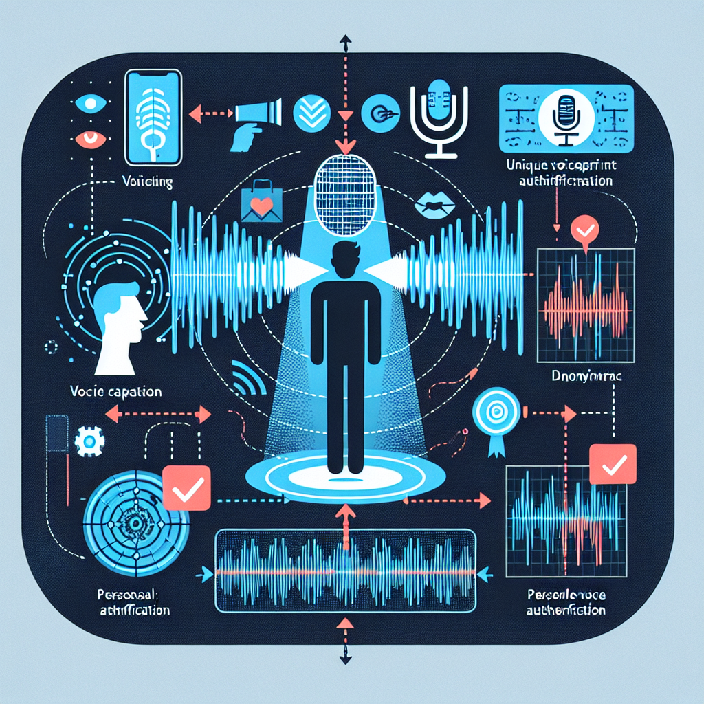 An infographic showing how voice-based authentication works, including a depiction of a person’s voice being converted into a unique voiceprint used for verification.