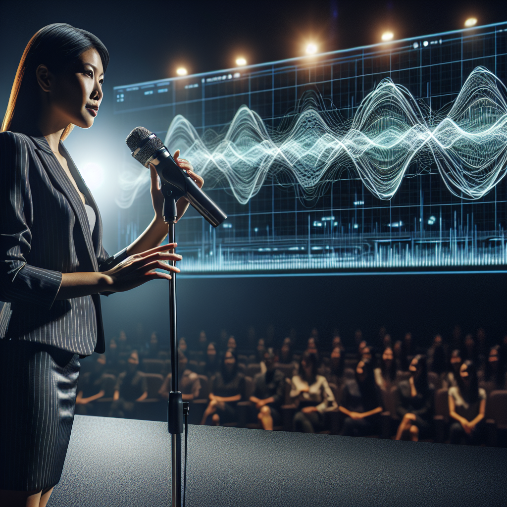 A person speaking into a microphone with a waveform overlay representing voice recognition