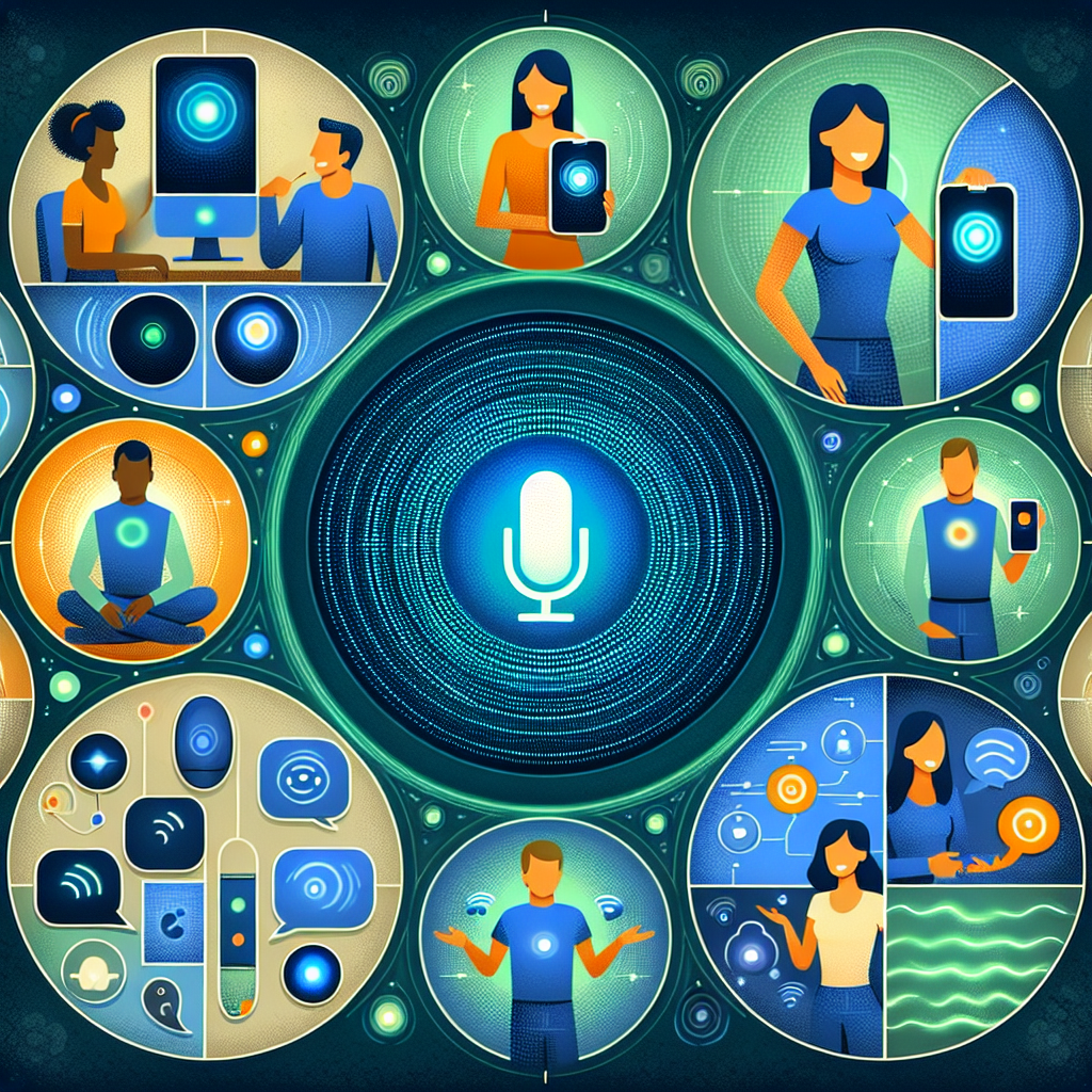 A collage showing different voice-activated assistants like Siri, Alexa interacting with customers