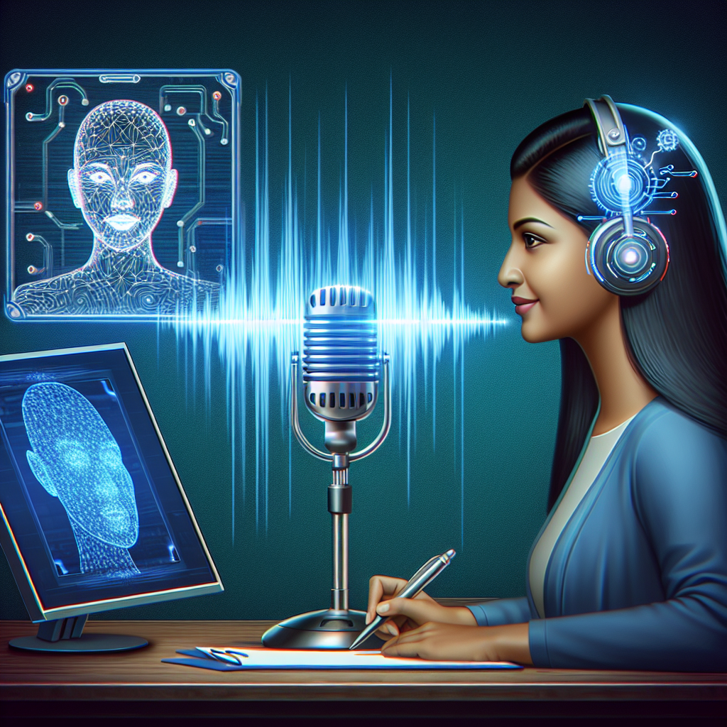 An illustration of a person speaking into a microphone, with a voice wave being analyzed by an AI system for authentication.