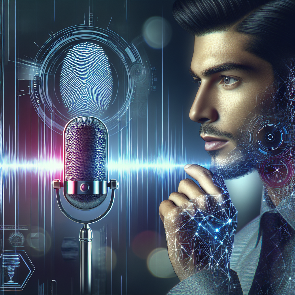 A futuristic image representing voice recognition technology. A person speaking into a microphone with digital audio waves and graphic patterns resembling voice prints surrounding him.